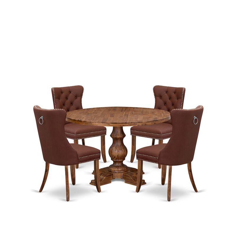 5-Pc Mid Century Modern Dining Set Contain A Wood Table And 4 Burgundy Chairs