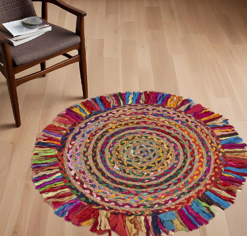 HomeRoots Abstract Geometric Hand Woven Round Rug With Fringe image number 1
