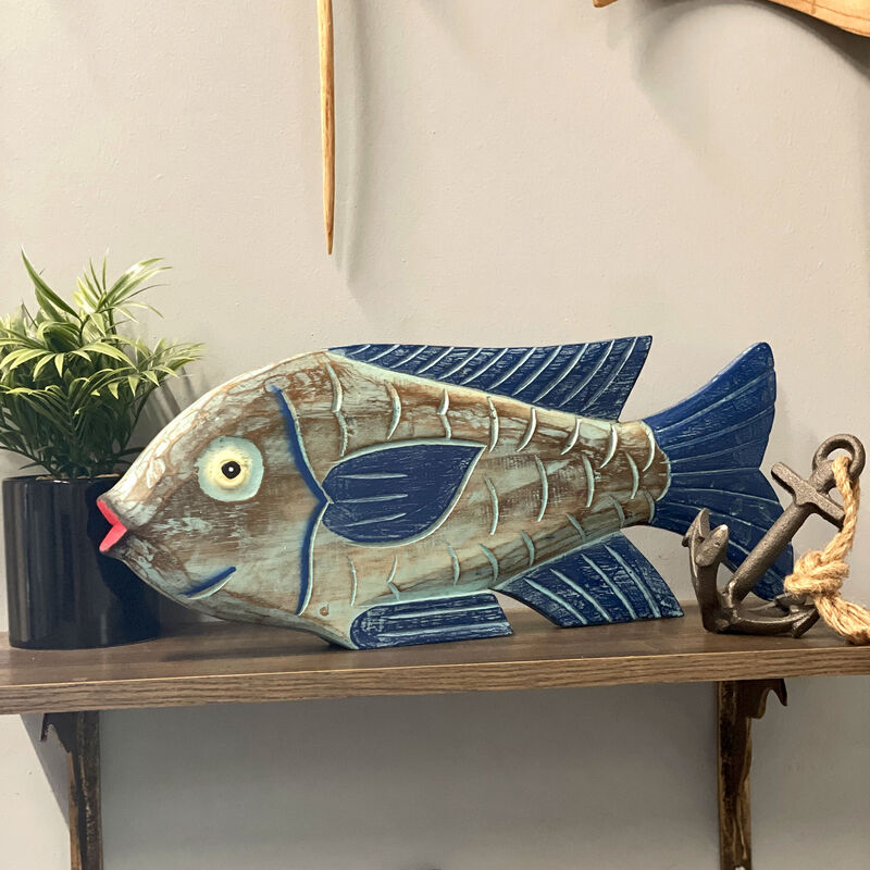 Hand Carved Blue Wooden Fish Statue 19" Nautical Coastal Decor Wood Accent image number 6