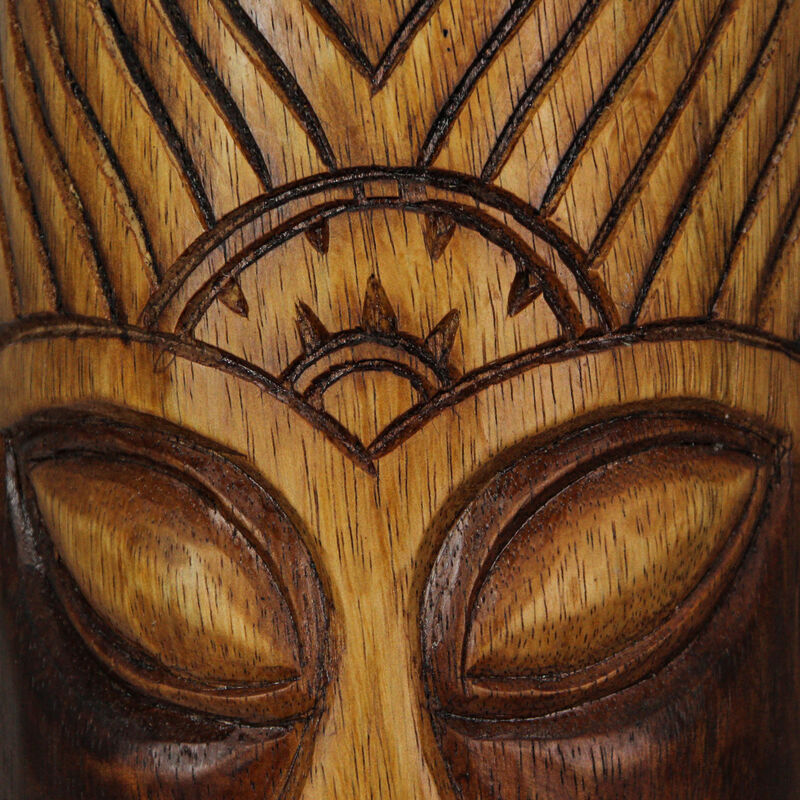 12 Inch Natural Wood Hand Carved Tiki Mask Wall Art Tropical Beach Home Set of 2 image number 4