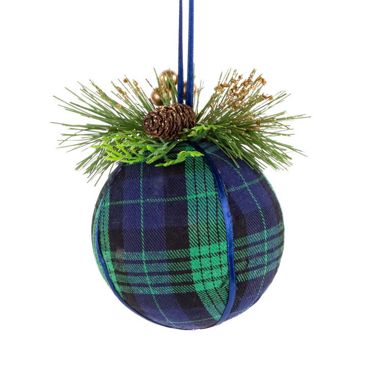 4" Green and Blue Plaid Hanging Christmas Ball Ornament