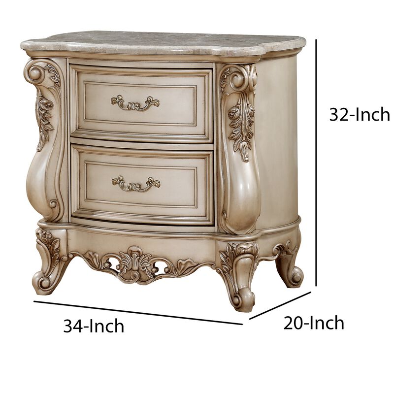 2 Drawer Nightstand With Raised Scrolled Floral Moulding, White-Benzara
