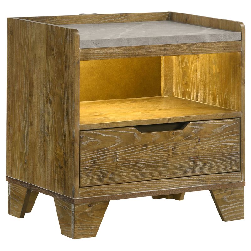Nolan Nightstand with LED Cubby, Drawer and Marble Top, Brown Wood image number 2