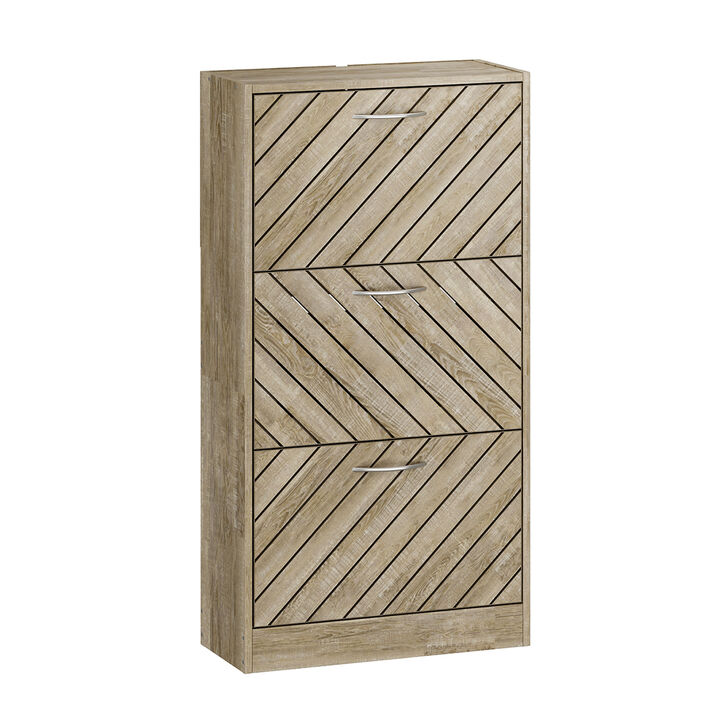 Natural Color 18-Pair Shoe Storage Cabinet with 3-Drawers and 6-Compartments and Wood Grain