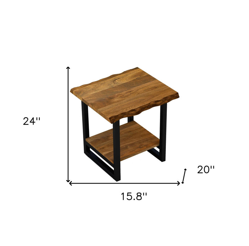 Modern Industrial End Table &ndash; Solid Wood Top with Open Metal Shelf