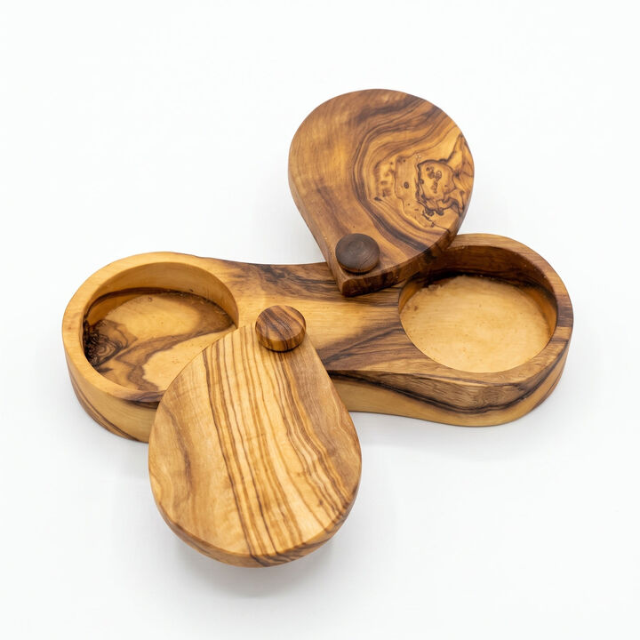 Olive Wood Dual-Cell Spice Box with Swivel Lid &ndash; 2-Compartment Salt & Seasoning Keeper