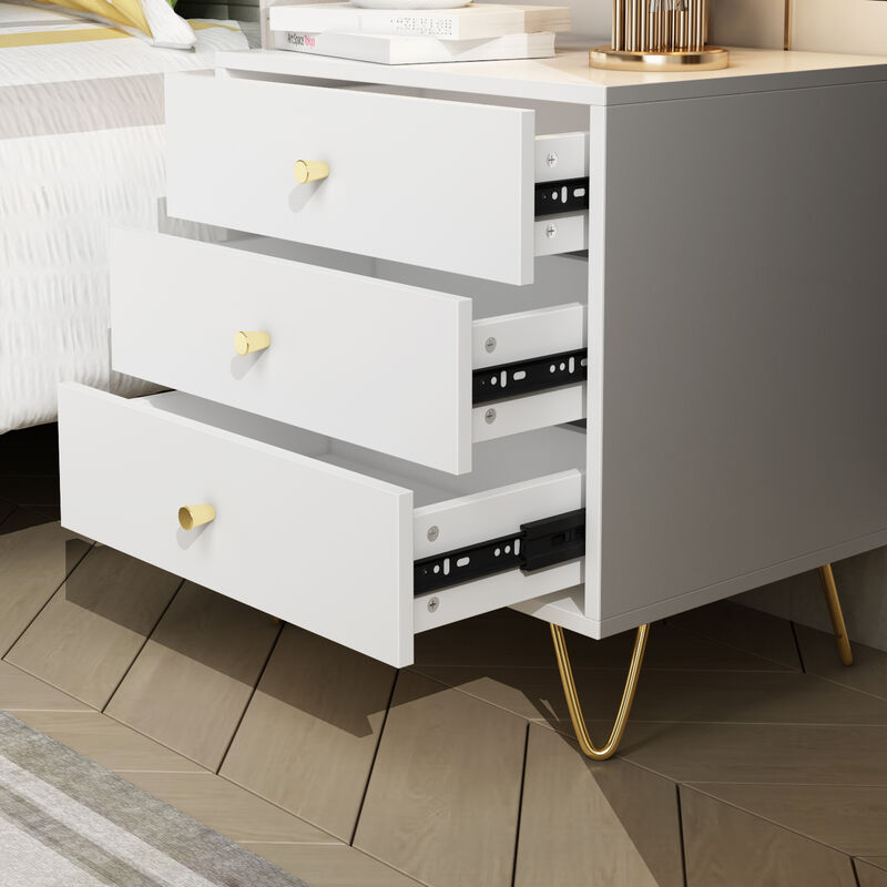 3-Drawer White Nightstands With Metal Legs, Side Table Bedside Table 21.6" H x 19.6" W x 16.9" D