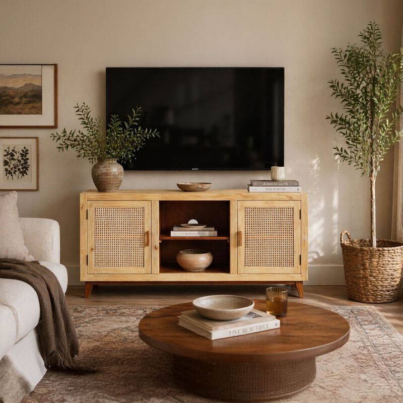 Aru 58 Inch Sideboard Buffet Cabinet, 2 Cane Doors n Open Shelves, 2 Tone Antique Brown Mango Wood image number 6