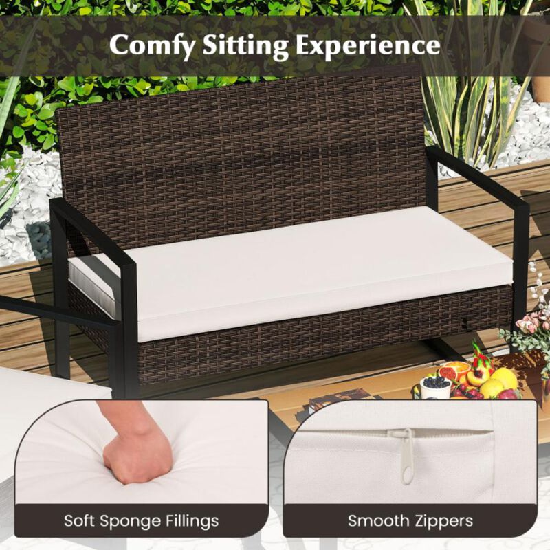 Hivvago 4 Piece Patio Furniture Set Outdoor Rattan Conversation Set with Cushioned Chairs and Wood Plastic Coffee Table