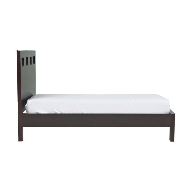 Yee Queen Size Platform Bed, Cut Out Panel Headboard, Espresso Brown Wood - Benzara