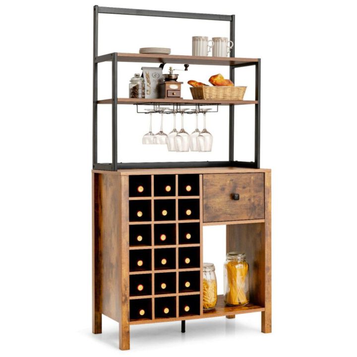 Hivago Kitchen Bakers Rack Freestanding Wine Rack Table with Glass Holder and Drawer