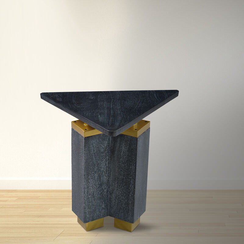 Andes Modern Triangular End Table - Handcrafted with Gold Brass Trim and Sandblasted Black Finish, 20 Inch