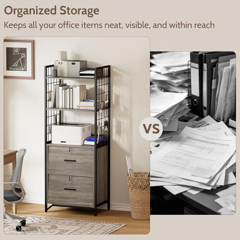File Cabinet, 64"H Filing Cabinet with Printer Stand and Bookshelf, Small Office Cabinet with 2 Wood Drawers and Shelves, Drawer Office File Cabinets image number 6