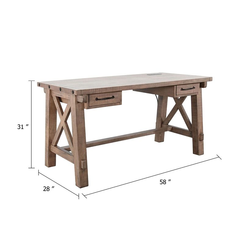 Anva Writing Desk, 58 Inch with Power Plug, Natural Brown Solid Mahogany image number 4