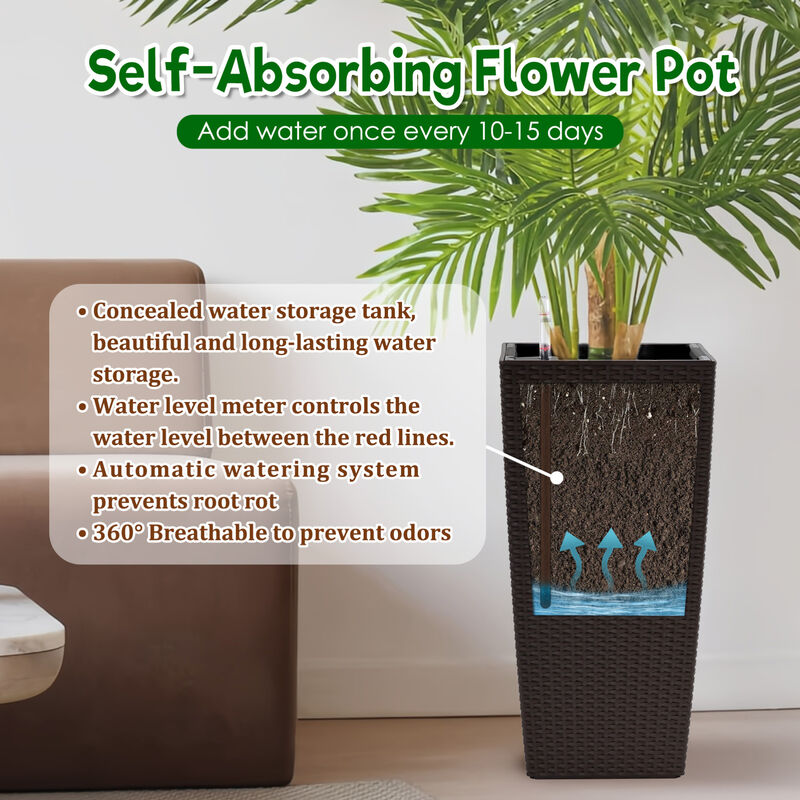 WOW PIONEER Pack of 2 Square 22-Inch High Faux Rattan Planters with Automatic Watering System for Porch, Patio, Backyard, Indoor and Outdoor Gardening Use image number 4