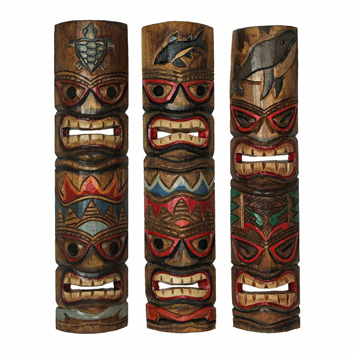 Set of 5 Double Tiki Mask Animal Totem Hand Carved Wall Decor Sculpture 24 Inch