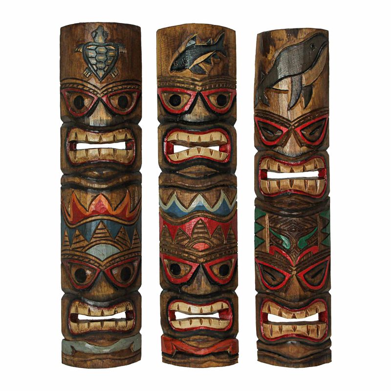 Set of 5 Double Tiki Mask Animal Totem Hand Carved Wall Decor Sculpture 24 Inch image number 1