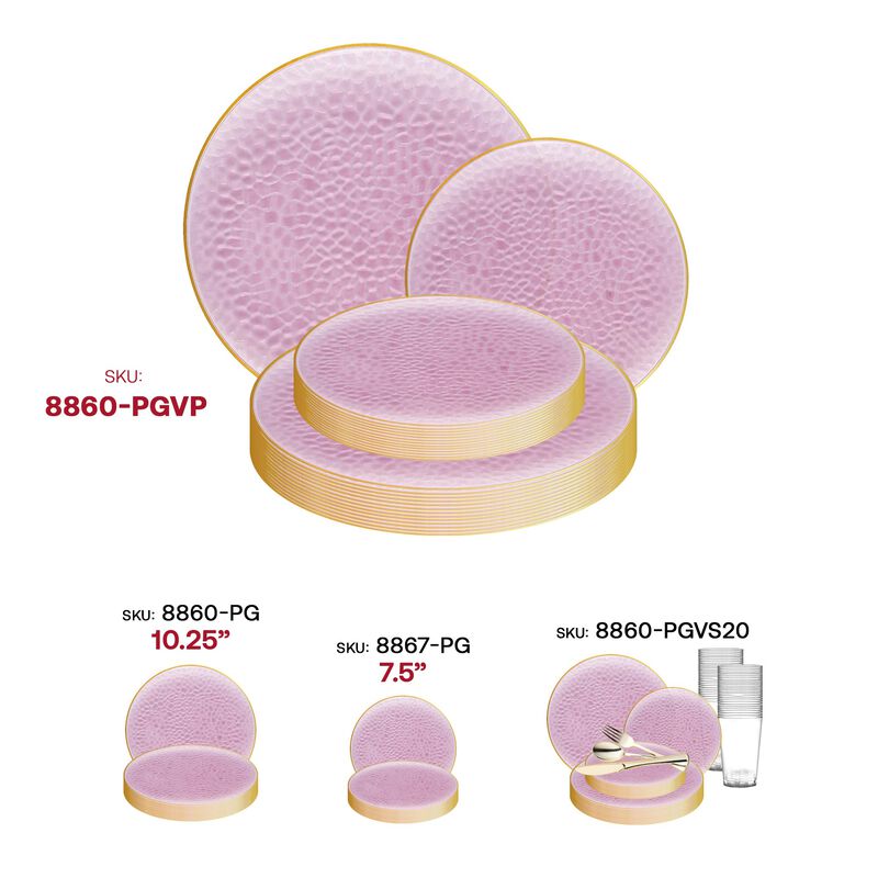 Clear Pink with Gold Rim Hammered Glass Plastic Dinnerware Value Set (120 Sets) image number 6