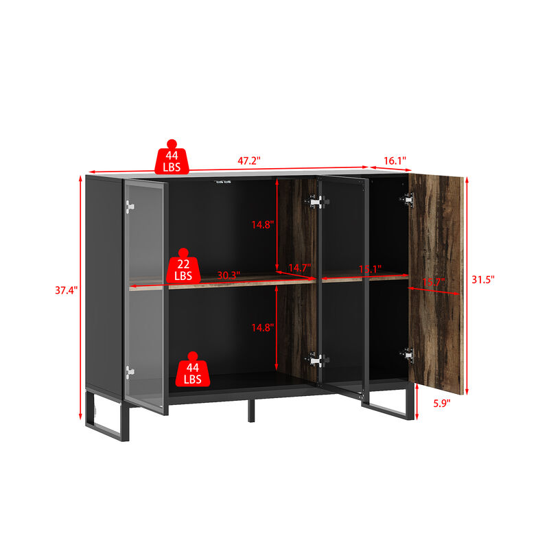 FUFU&GAGA Modern 3-Door Display Cabinet with Glass Fronts Wood Accent and Multi-Color LED Lighting 47.2 in. L x 16.1 in. W x 37.4 in. H Black