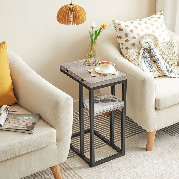 Space-Saving C-Shaped End Table with Storage Pocket and Foldable- Greige