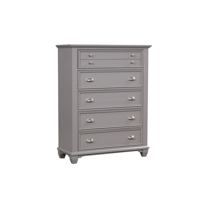 Limi Tall Dresser Chest, 5 Drawers, Light Gray Solid Acacia Wood - Benzara
