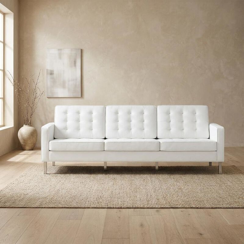 Tufted Vegan Leather Sofa, Faux Leather Couch for Living Room, Silver White image number 6