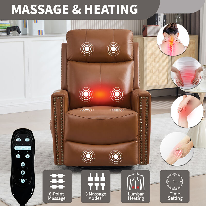 Genuine Leather Heat Massage Manual Recliner Chair with Rocker and Swivel for Living Room image number 3
