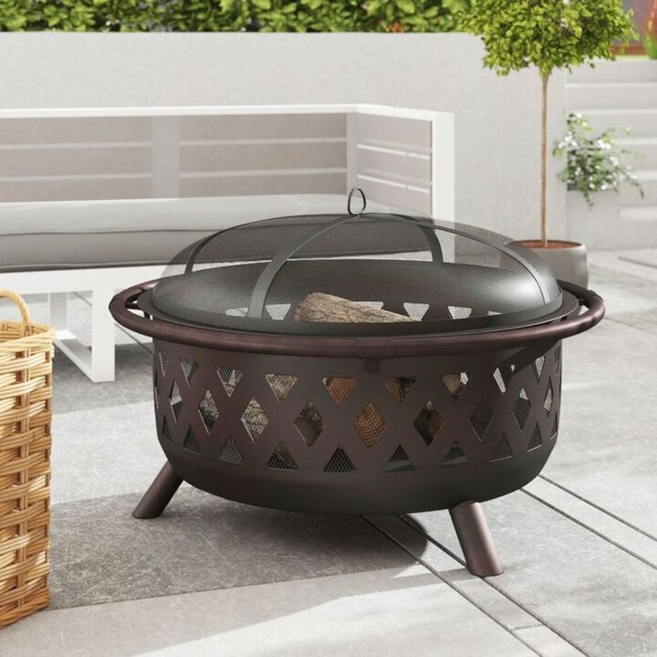 Hivvago Weather Resistant Steel Wood Burning Fire Pit with Spark Screen