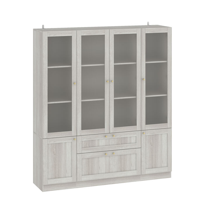 FUFU&GAGA Modern Wood Grain Food Pantry Cabinet with Adjustable Shelves and Lockable Drawers (63" W x 70.9" H x 15.7" D), Elegant Glass Doors and Brass Pull Handles