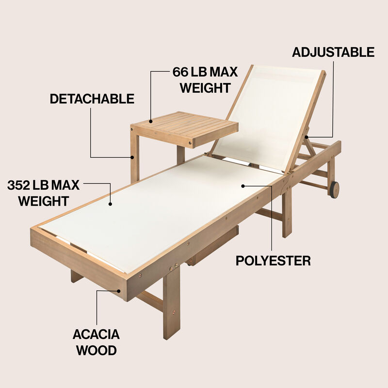 Trabuco Coastal Modern Acacia Wood Mesh 3-Position Outdoor foldable Chaise Lounge Set with Side Table image number 2