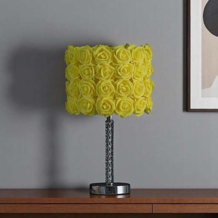 Hivvago 18" Silver Bedside Table Lamp With Yellow Flowers Drum Shade