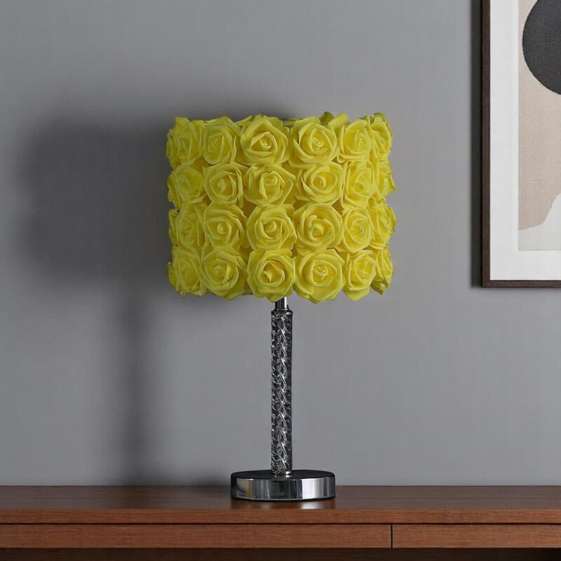 Hivvago 18" Silver Bedside Table Lamp With Yellow Flowers Drum Shade