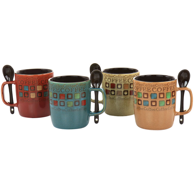 Mr. Coffee Cafe Americano 8 Piece 13oz Ceramic Cup and Spoon Set in Assorted Colors