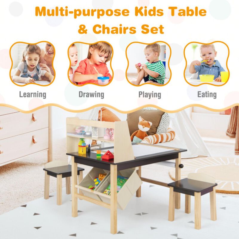 Hivvago Kids Art Table and Chairs Set with Paper Roll and Storage Bins-Coffee
