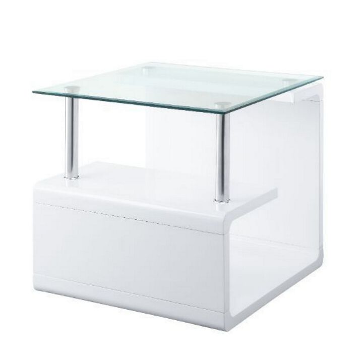 24 Inch Square Accent End Table, Glass Top, Open Shelf, White, Chrome-Benzara