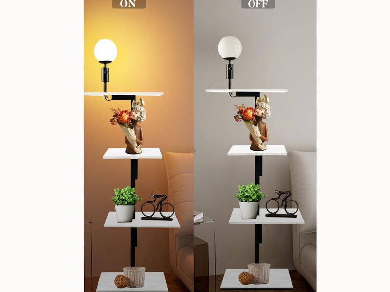 4-Tier Shelf Floor Lamp – Black Finish, Dimmable 3000K LED, Table Attached