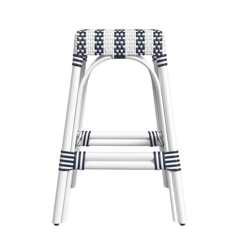 Butler Specialty Robias Rectangular Rattan 24.5 Counter Stool, White and Navy Stripe