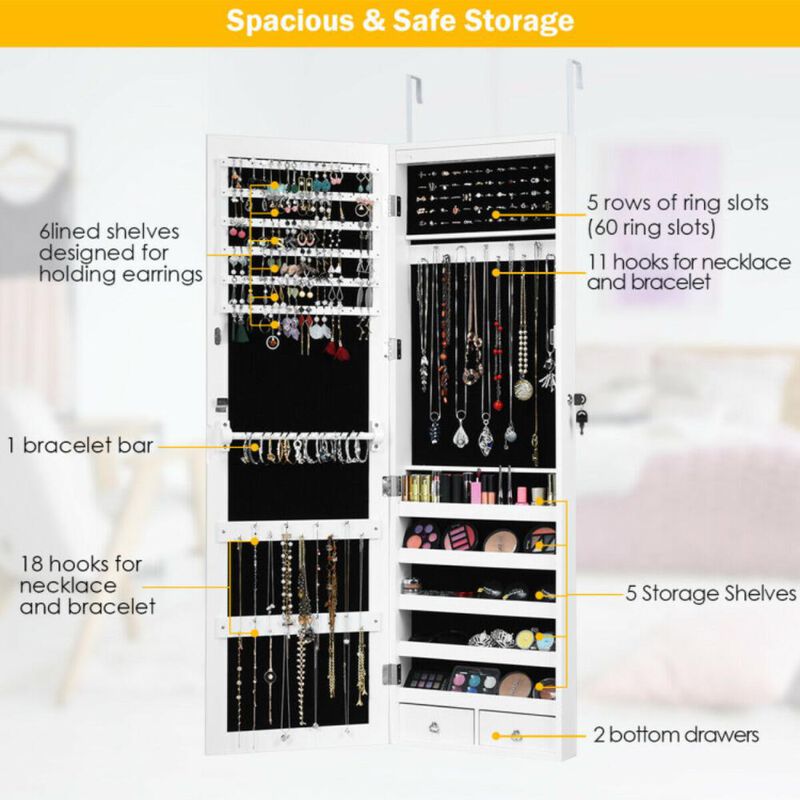 Hivvago Wall Mounted Lockable Mirror Jewelry Cabinet with LED Light