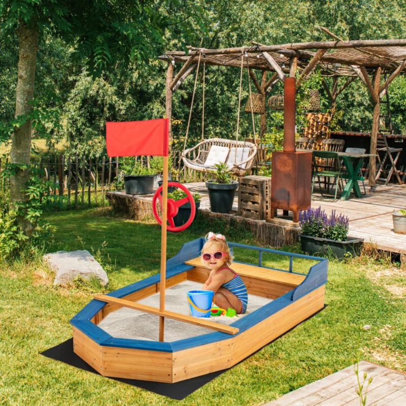 Hivvago Kids' Pirate Boat Sandbox with Flag and Rudder