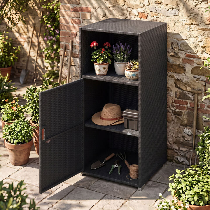 Outdoor PE Wicker Storage Cabinet with Door and Open Shelf Compartment for Patio Organization
