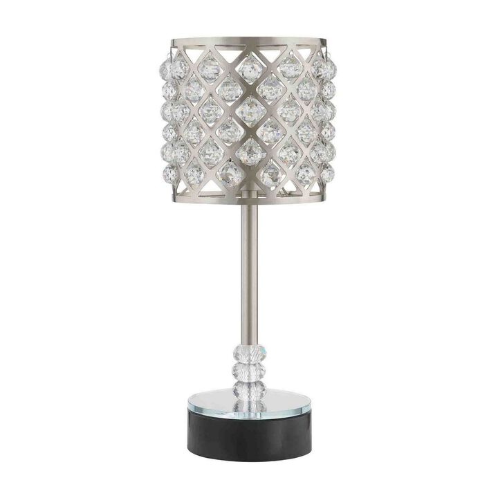 Dany 24 Inch Table Lamp with Crystal Drum Shade, Metal, Brushed Nickel-Benzara