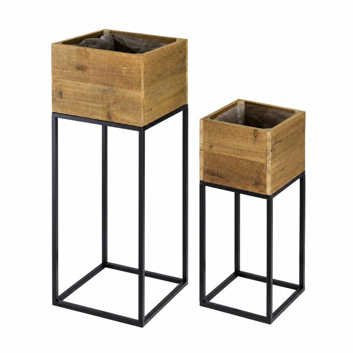 WOW PIONEER Set of 2 Reclaimed Wooden Planter Boxes with Iron Stands for Indoor Outdoor Greenery Display and Home Decor Accents