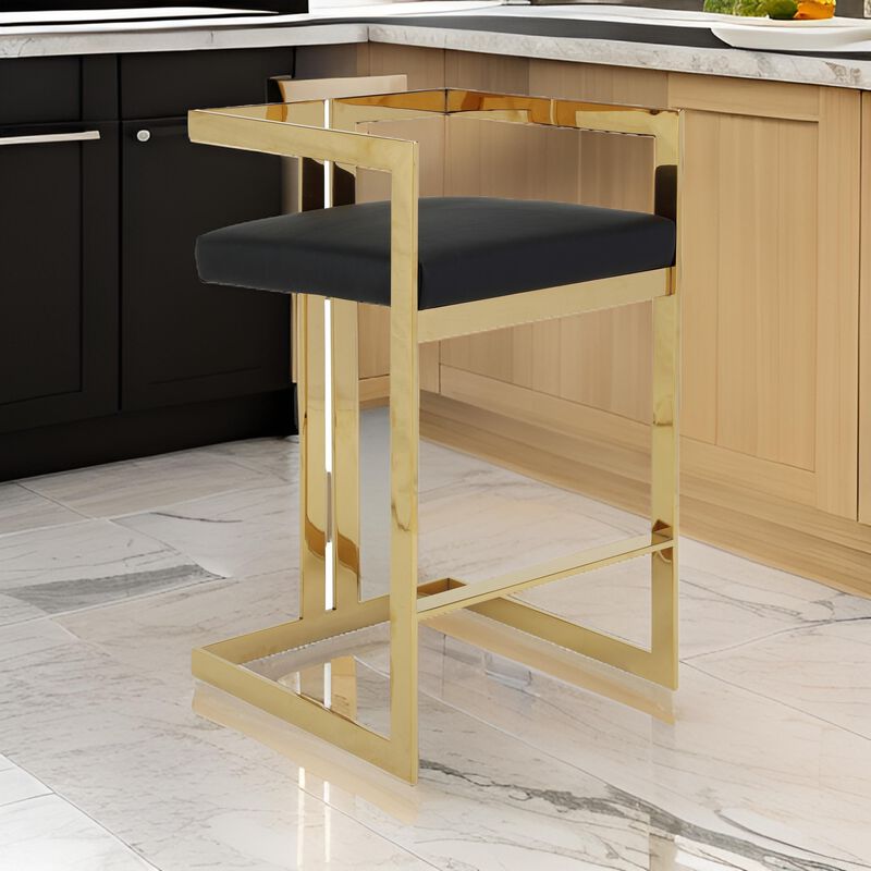 Suki 30 Inch Barstool Chair, Black Faux Leather Seat, Gold Cantilever Base