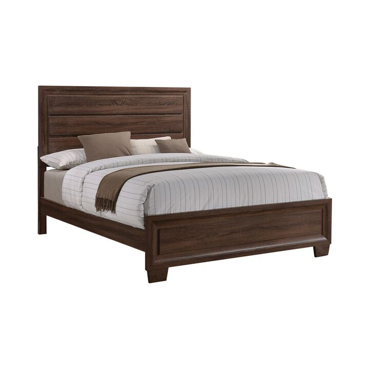 Wooden Queen Size Bed with Panel Headboard and Tapered Feet, Brown-Benzara