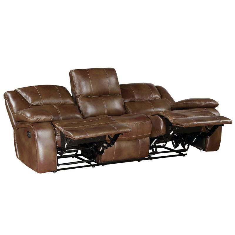 Licot Manual Double Recliner Sofa, Glossy Brown Leather, 87 Inch image number 2