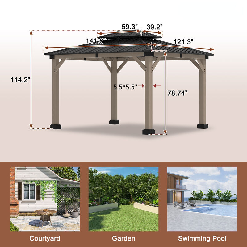 MONDAWE 10 ft. x 12 ft. Outdoor Cedar Wood Frame Outdoor Gazebo Galvanized Steel Hardtop Canopy Outdoor Shade for Deck Garden Concrete Platform
