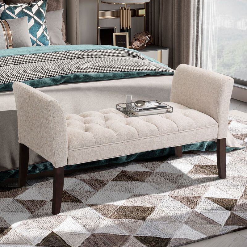 Beige Bedroom Accent: Button Tufted Bench with Arms & Wood Legs