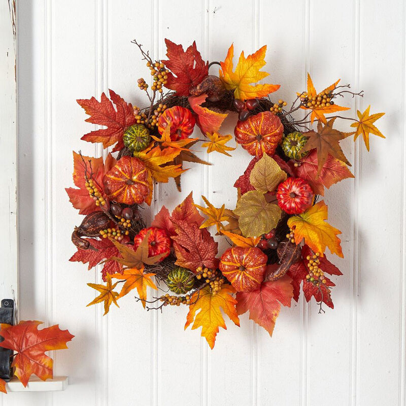 Nearly Natural 24-in Autumn Pumpkin and Berries Artificial Fall Wreath