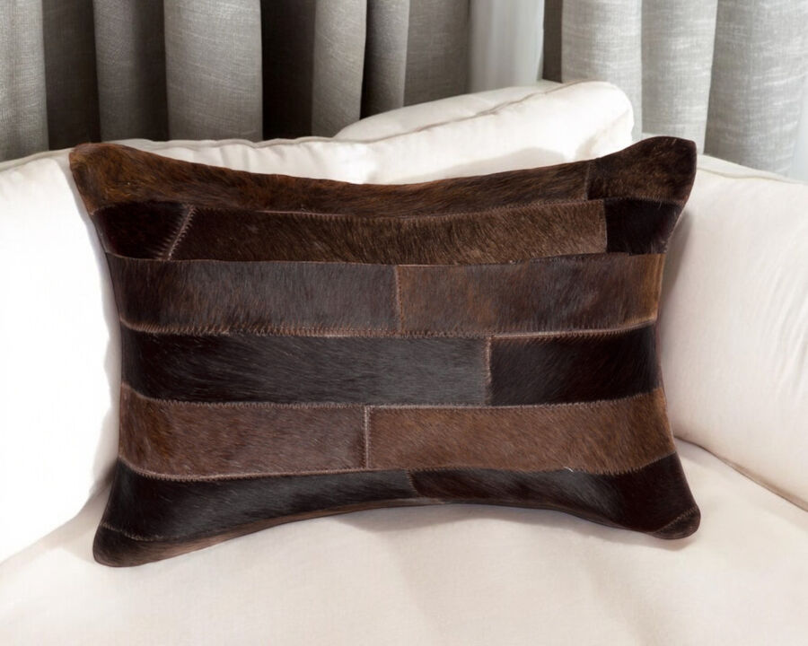 HomeRoots 12" X 20" Chocolate Patchwork Cowhide Lumbar Throw Pillow
