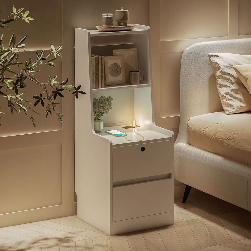 Mondawe Modern Nightstand, Smart Nightstand With Nightlight And Rechargeable Bedroom Storage